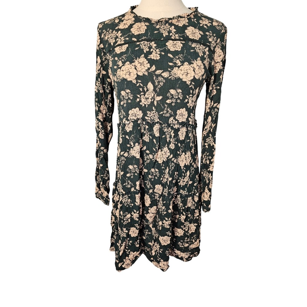 Knox Rose Floral‎ Long Sleeve Mini Dress Green Cream Boho Tiered Crinkle Gauze S